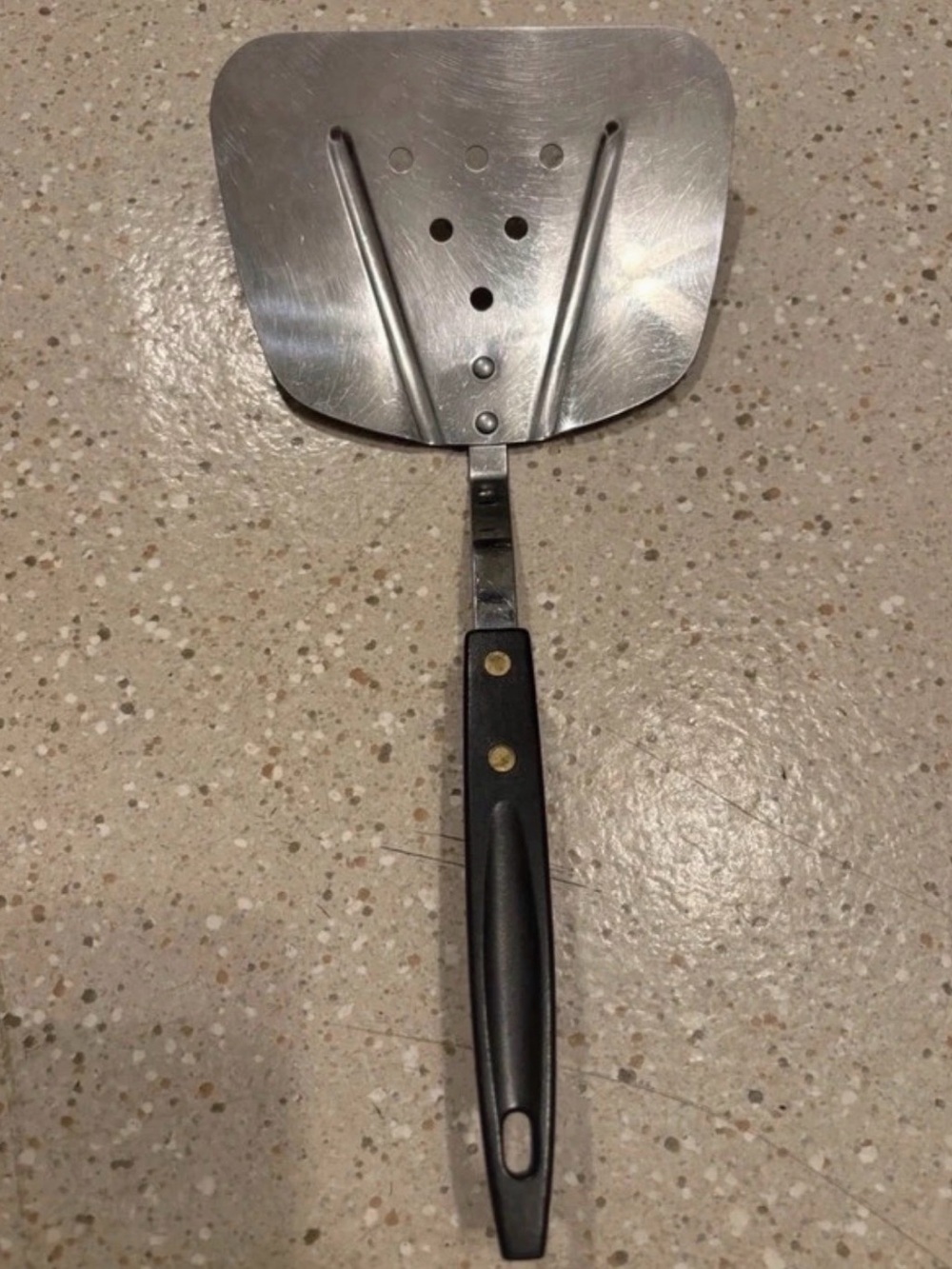 Vintage Stainless Steel Wide Slotted Spatula Flipper Black Handle USA